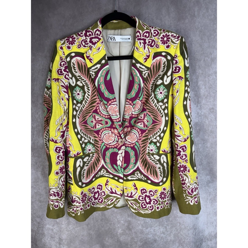 Zara Linen Blend Floral Print Blazer Jacket In Multicolored Women's Size XS